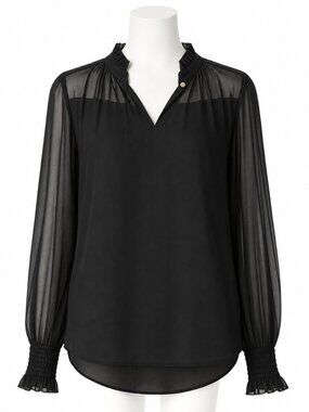 NWT Ann Taylor Black Sheer Sleeve Blouse Smocked Cuffs Size M